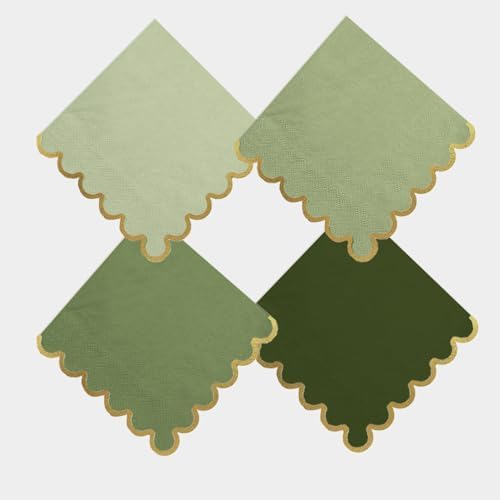 100 Pack Green Cocktail Napkins with Gold Foil Scalloped Edge