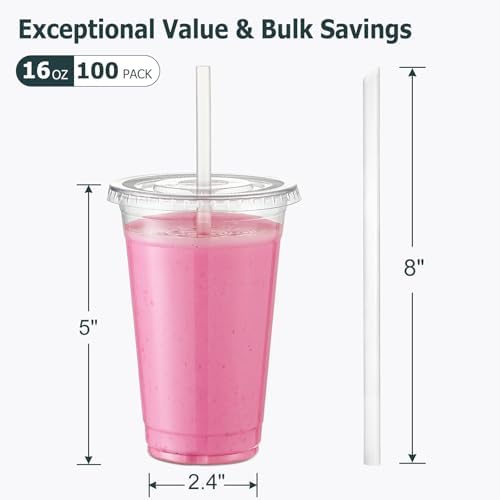 AOZITA 100 Pack 16 Oz Plastic Cups With Lids Straws
