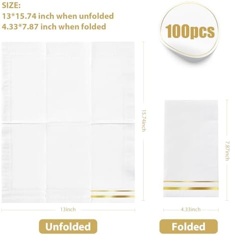 Tamone 100PCS 3-Ply Gold Napkins - Elegant White and Gold Disposable Dinner Napkins