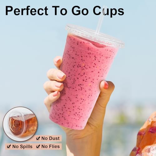 Lamosi 100 Pack 20 OZ Clear Plastic Cups with Lids and Straws