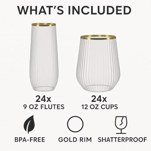 48 Pack Gold Rim Shatterproof Plastic Glasses