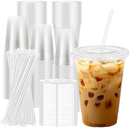 Lamosi 100 Pack 16 oz Clear Plastic Cups with Lids and Straws