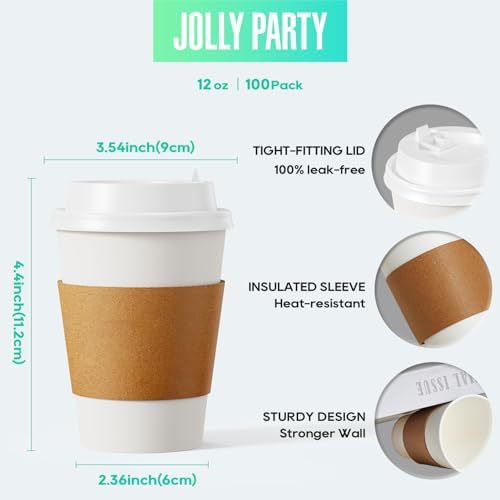 100 Pack 12oz Paper Coffee Cups with Lids and Sleeves
