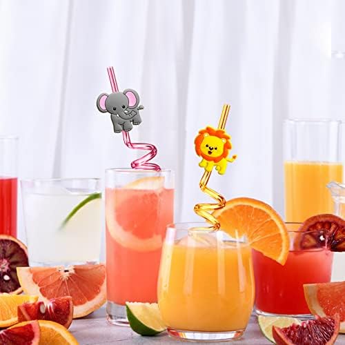 24 Reusable Jungle Animal Straws with Brushes