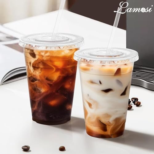 Lamosi 100 Pack 16 oz Clear Plastic Cups with Lids and Straws