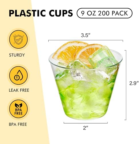 RACETOP 200 Pack 9 oz Clear Plastic Cups for Parties