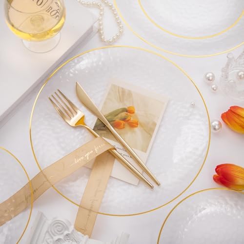 Rubtlamp 60Pcs Clear Plastic Plates with Gold Rim