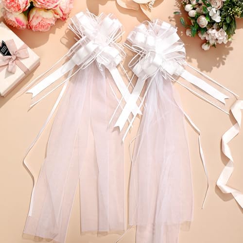 12 Set Large White Wedding Bows with Tulle Tails