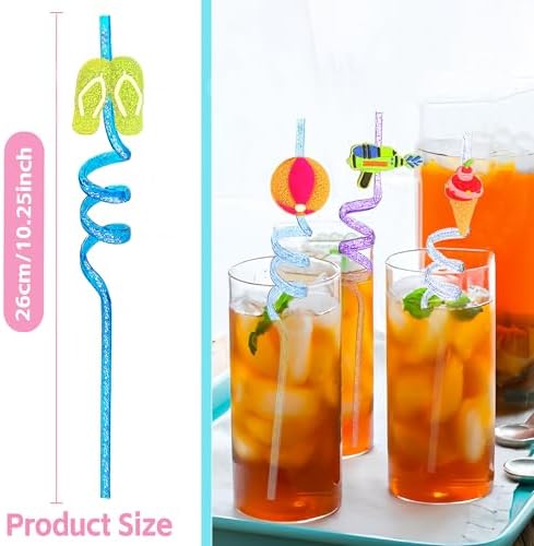 24 Glitter Drinking Straws with Beach Pattern and Brush