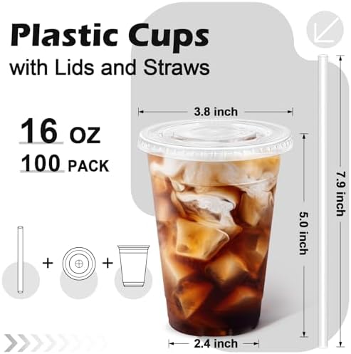 100 Pack 16 oz Clear Plastic Cups with Lids and Straws