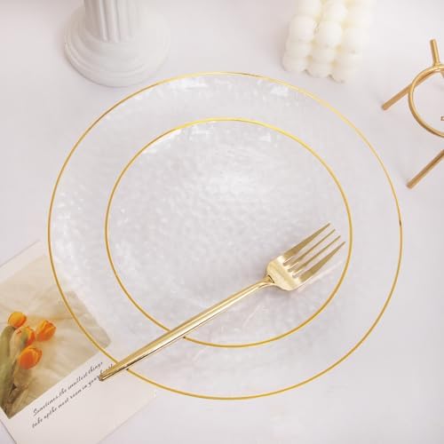 Rubtlamp 60Pcs Clear Plastic Plates with Gold Rim