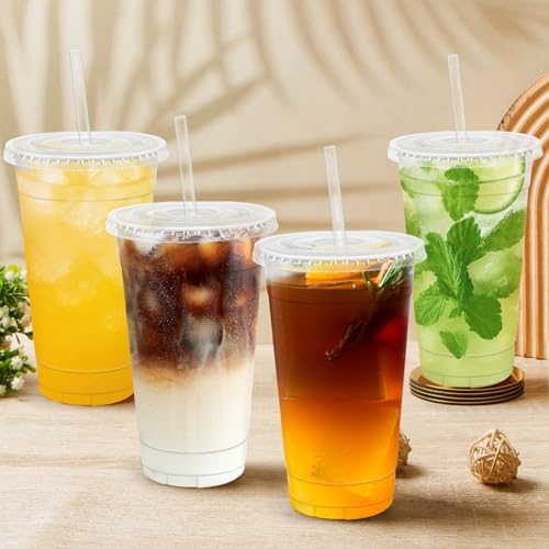 Lamosi 100 Pack 20 OZ Clear Plastic Cups with Lids and Straws