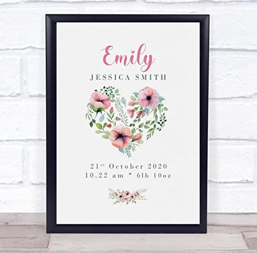 New Baby Birth Details Christening Nursery Floral Heart Keepsake Print