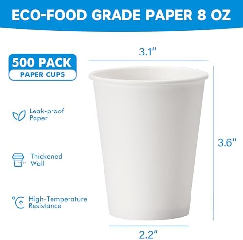 RACETOP 8 Oz 500 Pack Disposable Paper Coffee Cups