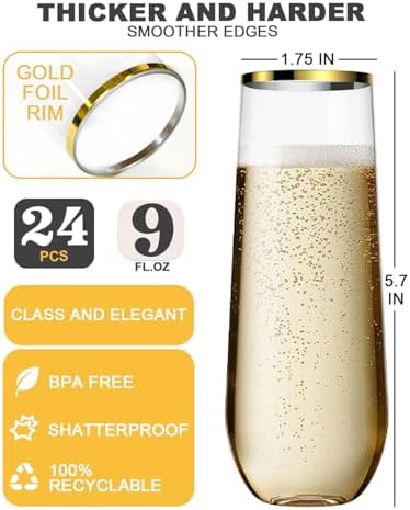 24 Piece Champagne Flutes Plastic Gold Rim Set