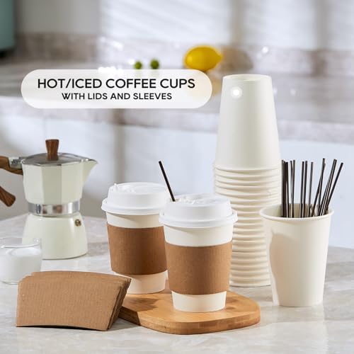 100 Pack 12oz Paper Coffee Cups with Lids and Sleeves