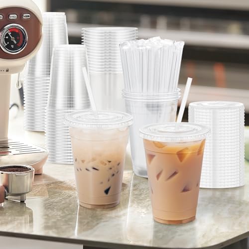 100 Pack 16 oz Clear Plastic Cups with Lids and Straws