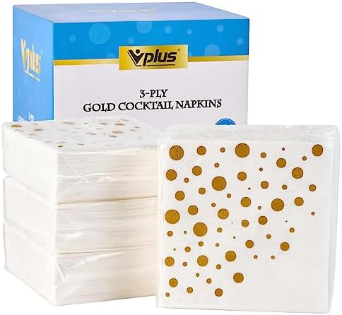 Vplus 200 Pack Gold Cocktail Napkins 3 Ply