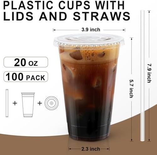 Lamosi 100 Pack 20 OZ Clear Plastic Cups with Lids and Straws