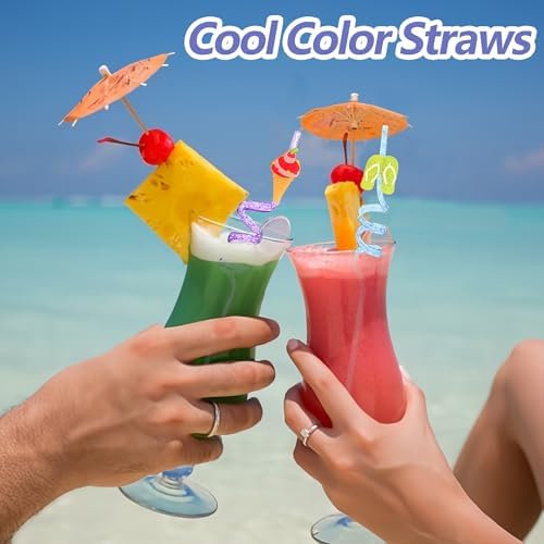 24 Glitter Drinking Straws with Beach Pattern and Brush