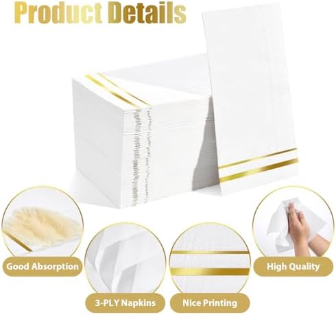 Tamone 100PCS 3-Ply Gold Napkins - Elegant White and Gold Disposable Dinner Napkins