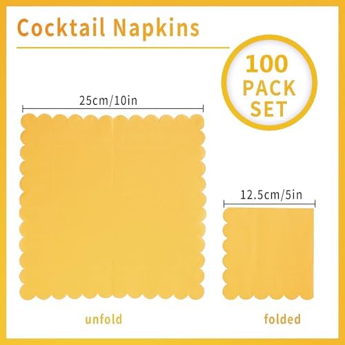 100 Pack 2 Ply Scalloped Edged Cocktail Napkins Yellow