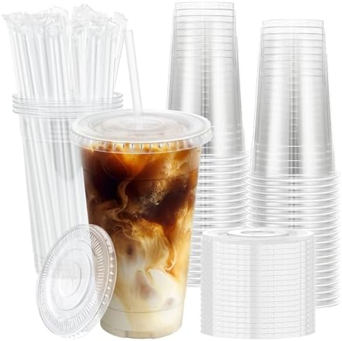 Lamosi 100 Pack 20 OZ Clear Plastic Cups with Lids and Straws