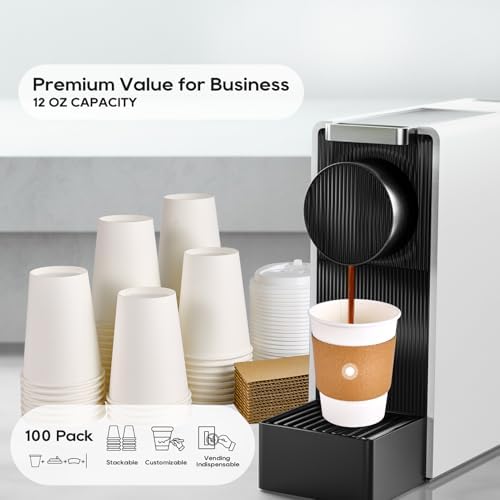100 Pack 12oz Paper Coffee Cups with Lids and Sleeves