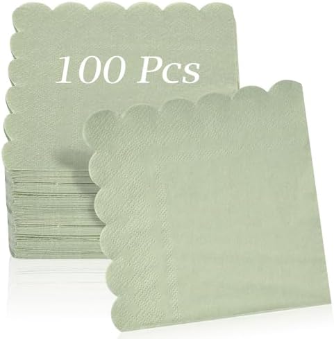 100 Pcs Sage Green Scalloped Napkins