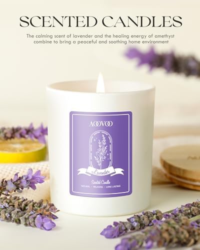AOOVOO Lavender Scented Candles with Crystals 10oz Soy Candles for Women