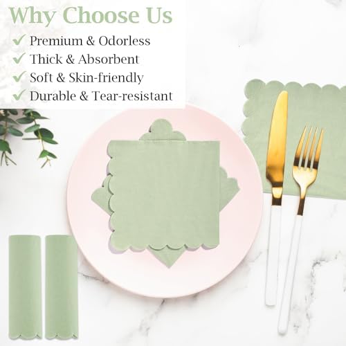 100 Pcs Sage Green Scalloped Napkins