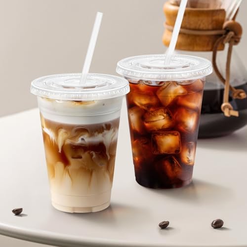 100 Pack 16 oz Clear Plastic Cups with Lids and Straws