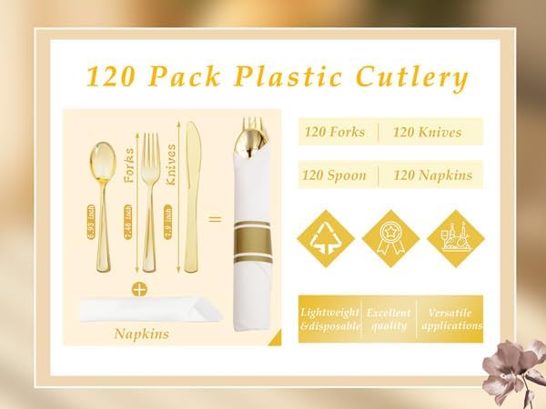 Supernal 120 Piece Gold Plastic Cutlery Set with Napkins