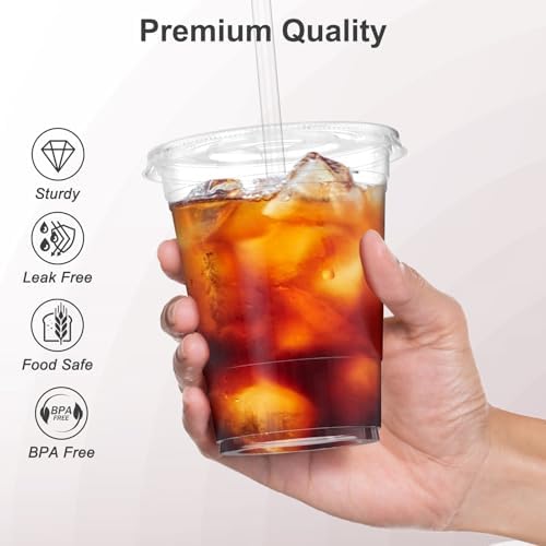 100 Pack 16 oz Clear Plastic Cups with Lids and Straws 1