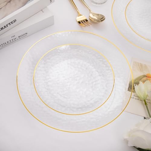 Rubtlamp 60Pcs Clear Plastic Plates with Gold Rim