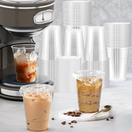 100 Pack 16 oz Clear Plastic Cups with Lids and Straws 1