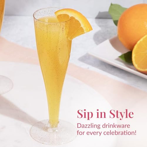 Prestee 24 Plastic Champagne Flutes - Gold Disposable Cocktail Glasses