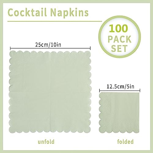 100 Pack Scalloped Edged Cocktail Napkins Sage Green
