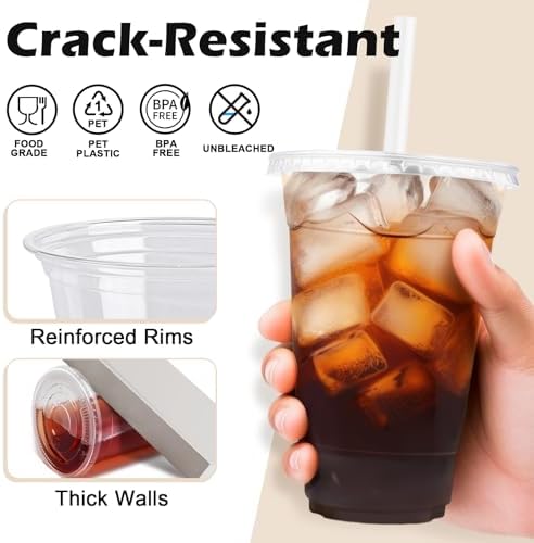 Lamosi 100 Pack 16 oz Clear Plastic Cups with Lids and Straws
