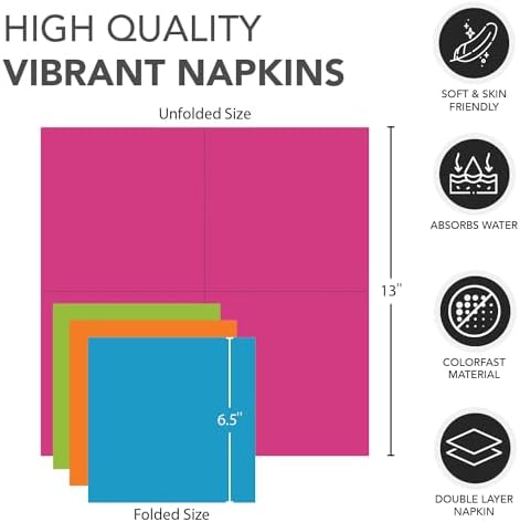 Party Essentials 2-Ply Disposable Four Fold Neon Napkins 13x13 96 Count