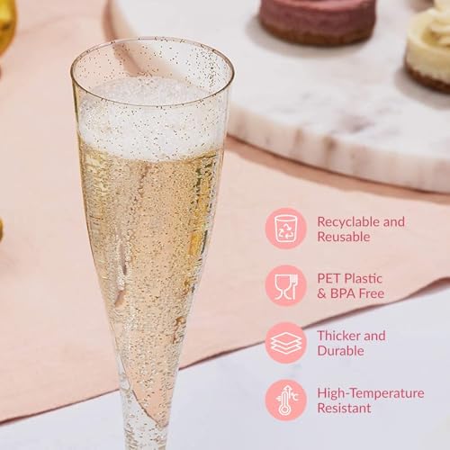 Prestee 24 Plastic Champagne Flutes - Gold Disposable Cocktail Glasses