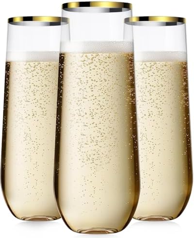 24 Piece Champagne Flutes Plastic Gold Rim Set
