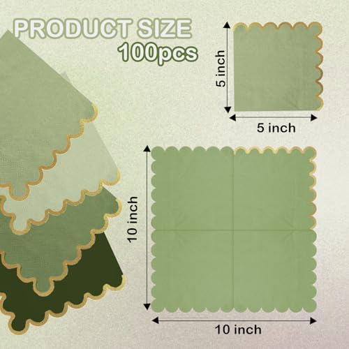 100 Pack Green Cocktail Napkins with Gold Foil Scalloped Edge