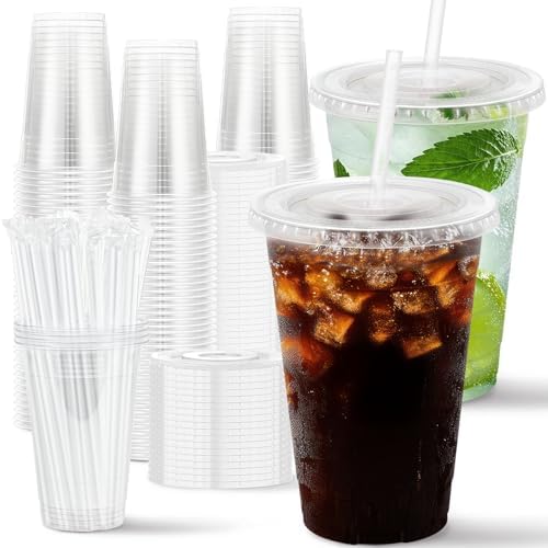 100 Pack 16 oz Clear Plastic Cups with Lids and Straws