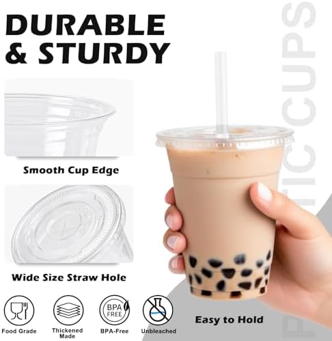 100 Pack 16 oz Clear Plastic Cups with Lids and Straws