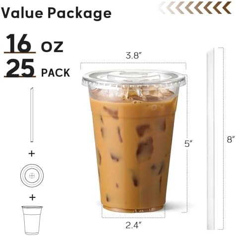 AOZITA 25 Pack 16 oz Plastic Cups with Lids and Straws