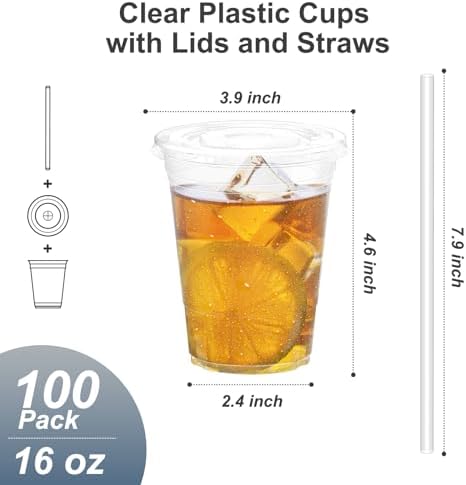 100 Pack 16 oz Clear Plastic Cups with Lids and Straws 1