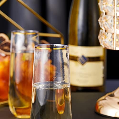 N9R 24PCS Plastic Champagne Flutes 9 Oz Stemless Gold Rim Toasting Glasses