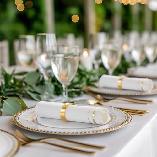 Tamone 100PCS 3-Ply Gold Napkins - Elegant White and Gold Disposable Dinner Napkins