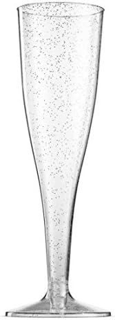 100 Plastic Champagne Flutes 5 Oz Disposable Silver Glitter Glasses for Parties